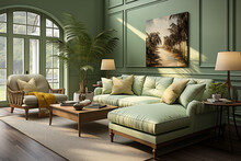 Cozy Sage Leaf Colour Living Room, Couch With Green And Yellow Pillow. Picture On The Wall. Plant In The Pot. Luxury Maximalism Interior Style. Copy Space