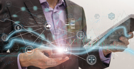 Aufkleber - Businessman on blurred background using tech devices and icons thin line interface