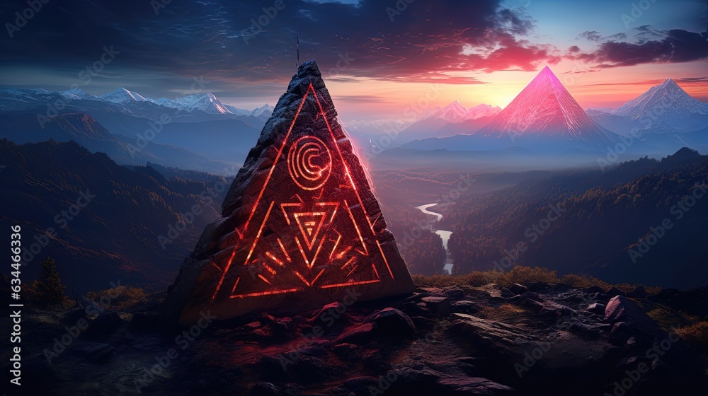 Fantasy mountain landscape with ancient magical runes. AI generation ...