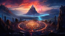 Fantasy Mountain Landscape With Ancient Magical Runes. AI Generation