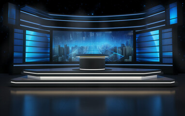 Wall Mural - 3D Virtual TV Studio News, Backdrop For TV Shows .TV On Wall.3D Virtual News Studio Background,3d illustration