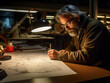 Fotografía de un ingeniero analizando planos bajo el cálido resplandor de una lámpara de escritorio.