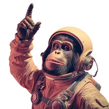 Chimpanzee Astronaut Gesturing Toward Moon In Outer Space