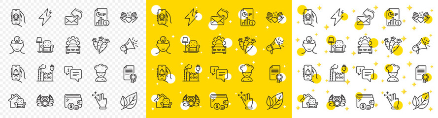 Outline Award app, Info and Armchair line icons pack for web with Leaf, Move gesture, Certificate line icon. Bell alert, Furniture moving, Factory pictogram icon. Laureate medal, Carrots. Vector