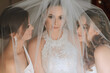 © Vasil - The bridesmaids are looking at the camera. All under the bride's veil. The bride and her fun friends are celebrating a bachelorette party in matching dresses. Bride and friends in the room