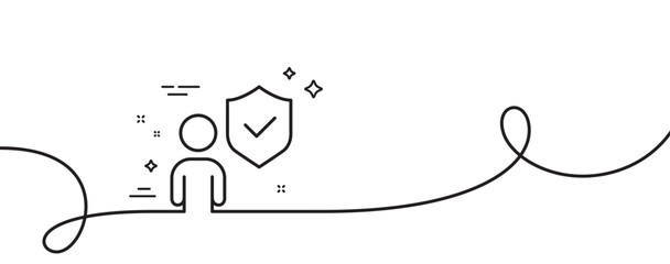 Poster - Security shield line icon. Continuous one line with curl. Body guard sign. Private protection symbol. Security single outline ribbon. Loop curve pattern. Vector