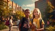© Ceyhun - Schoolchildren go to school, a black boy of African descent and a blond girl, community plan of the school yard, Generative AI