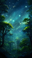 Wall Mural - Jungle rainforest landscape full of star light rays and glowing stars hd phone wallpaper, ai generated
