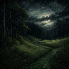 Wall Mural - Artwork of a Path Through a Meadow of Tall Grass at Night