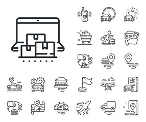 Poster - Internet delivery sign. Plane, supply chain and place location outline icons. Online storage line icon. Mobile device service symbol. Online storage line sign. Taxi transport, rent a bike icon. Vector