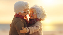 Happy Elderly Doll Couple On The Beach. AI Generation