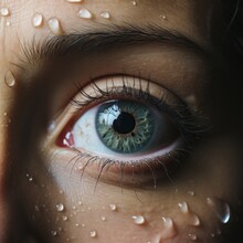 Close-up Image Of A Woman's Eye Light Blue Iris, Water Droplets On Her Face, Generative Ai