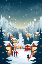 A Minimal Cartoon Christmas Poster With People In The Foreground And Traditional Buildings In The Background. Snow And Festive Lights. Generative AI.