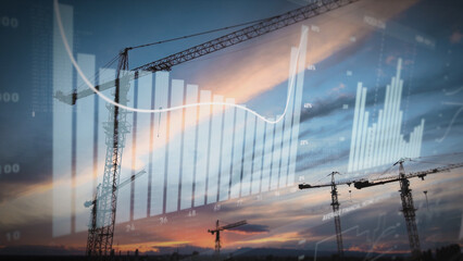 Digital HUD interface bar chart in front of a construction site with cranes at golden red sunset