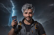Electrician male character smiling holding a multimeter, lightning bolts background, digital render