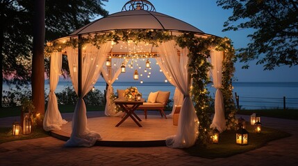 Wall Mural - A cozy evening on the ocean, a gazebo in flowers, lanterns, sunset. AI generation