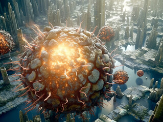 Aufkleber - illustration of a corona virus in a futuristic city. Generative AI