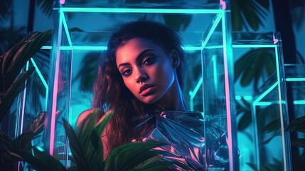 Wall Mural - Beautiful girl on neon glass cube, tropical leaves. AI generation