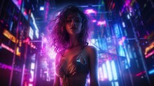 Beautiful Girl On The Background Of The Night Neon City. AI Generation