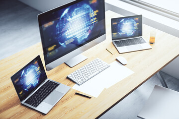 Aufkleber - Modern computer display with abstract software development hologram and world map, global research and analytics concept. 3D Rendering