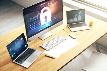Poster - Creative concept with lock symbol and postal envelopes illustration on modern laptop screen. Protection and firewall concept. 3D Rendering