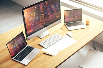 Aufkleber - Modern computer monitor with abstract creative statistics data hologram, statistics and analytics concept. 3D Rendering