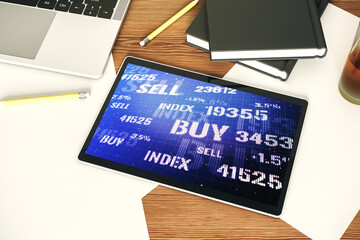 Aufkleber - Modern digital tablet monitor with abstract creative financial chart, research and analytics concept. Top view. 3D Rendering