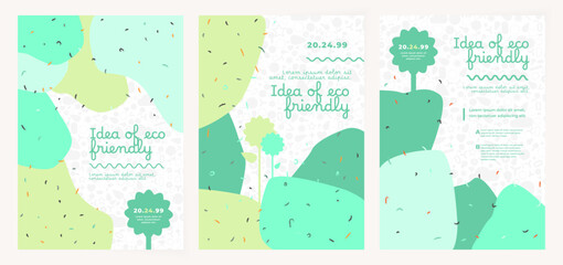 Aufkleber - Idea of green eco friendly banner. Set of vector illustrations. Memphis and clean style backgrounds