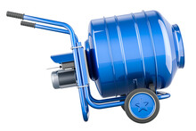 Blue Cement Mixer, Side View. 3D Rendering Isolated On Transparent Background
