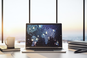 Poster - Modern computer monitor with social network icons concept with world map. Marketing and promotion concept. 3D Rendering