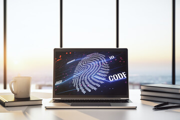 Aufkleber - Modern computer display with abstract graphic fingerprint sketch, fingerprint scan data concept. 3D Rendering