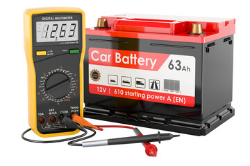 Poster - Digital multimeter and car battery, 3D rendering isolated on transparent background