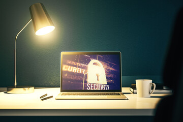 Poster - Creative lock sketch with chip hologram on modern computer monitor, protection of personal data concept. 3D Rendering
