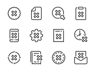 Fototapete - Cancellation and Rejection vector line icons. Cross, Delete, Remove, Cancel and Reject outline icon set. Badge, Mobile Phone, Receipt, Goal, Time, Mail, Plan and more.
