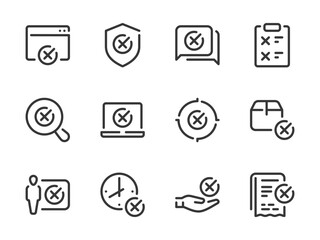 Poster - Cancellation and Rejection vector line icons. Cross, Delete, Remove, Cancel and Reject outline icon set. Web Page, Laptop, Protection, Target, Delivery Box, Clipboard and more.