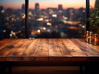 Poster - Empty wooden table and blurred city view background, product display montage. Mockup. Generative AI