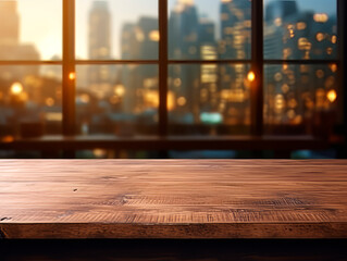 Wall Mural - Empty wooden table and blurred city view background, product display montage. Generative AI