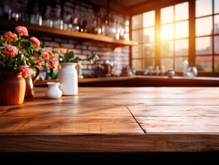Poster - Empty wooden table in a cafe with flowers in vase on the background. Generative AI