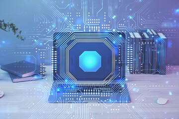 Poster - Computer on desktop with technology theme icon. Double exposure. Tech concept. Generative AI