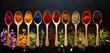 different herbs and spices in spoons top view