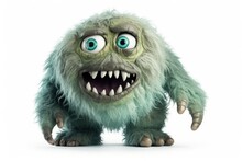 A Cartoon Monster With Light Green Fur, Blue Eyes, And Sharp Teeth On A White Background...