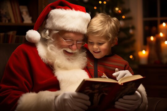 grandfather and a grandson reading a book at christmas