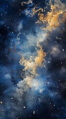 Wall Mural - Golden indigo blue abstract mystical galaxy abstract cloudscape hd phone wallpaper, ai generated