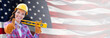 © Andy Dean - Female Contractor Wearing Blank Yellow Hardhat and Gloves Over Waving American Flag Background Banner.