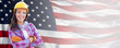 © Andy Dean - Female Contractor Wearing Blank Yellow Hardhat and Gloves Over Waving American Flag Background Banner.