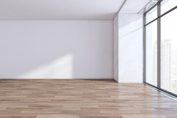 Poster - Clean empty spacious wooden and concrete ceiling and flooring interior with mock up place on wall and panoramic window with city view. 3D Rendering.