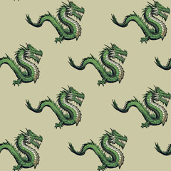 Wall Mural - Seamless pattern with green dragons carved from wood