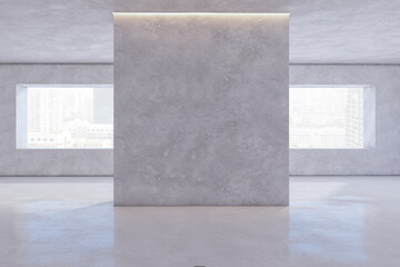 Poster - Modern concrete exhibition hall interior with blank mock up place on wall and window with city view. 3D Rendering.