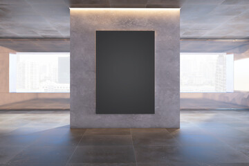 Poster - Modern concrete exhibition hall interior with clean black mock up poster on wall and window with city view. 3D Rendering.