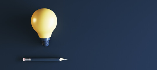Wall Mural - Pencil and light bulb on dark blue background. Idea concept. 3D Rendering